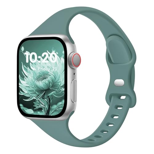 Image of Slim Band Compatible with Apple Watch Bands 38mm 40mm 41mm 42mm 44mm 45mm 46mm 49mm for Women Men,Soft Thin Narrow Silicone Sport Strap Wristbands for iWatch Series 11 10 9 8 7 6 5 4 3 2 1 SE Ultra Pine Green