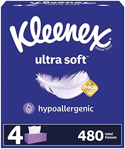 Kleenex Ultra Soft Facial Tissues, 4 Flat Boxes, 120 Tissues per Box, 3-Ply (480 Total Tissues), Packaging May Vary