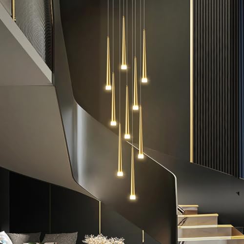 Villa escalier lampe suspendue LED en métal noir et or réglable