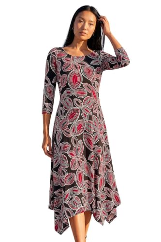 Image of Roman Hanky Hem Swing Dress with Pockets for Women UK Ladies Asymmetric Hemline Stretch Jersey 3/4 Sleeve Winter Smart Casual Work Office Knee Length Tunics - Leaf Red - Size 10