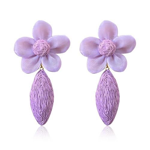 YUNXI Raffia Flower Earrings Raffia Straw Wrapped Flower Teardrop Drop Dangle Earrings Summer Tropical Beach Jewelry (Violet)