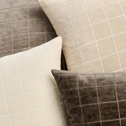 Image of MIULEE Brown Plaid Decorative Fall Throw Pillow Covers 22x22 Set of 2 | Vintage Check Chenille Couch Pillows Boho Farmhouse Cushion Covers Modern Fall Home Decor for Sofa Bed Living Room