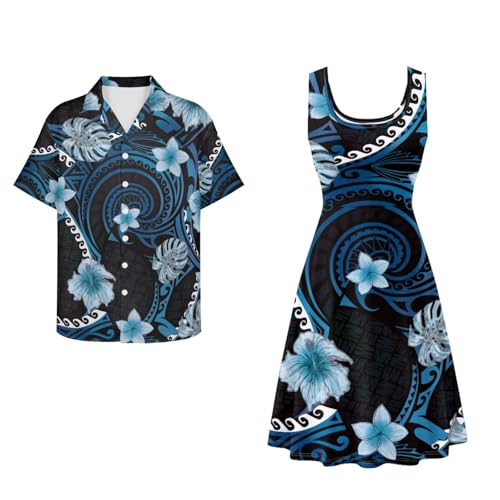 Image of Dreaweet Summer Dresses for Women A-Line Sleeveless Flowy Sun Dresses,Men's Casual Button-Down Shirts,Couple Matching Outfits