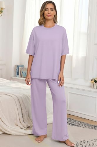 Image of PrinStory Womens Pajamas Sets 2 Piece Lounge Set Short Sleeve Tops and Long Pants Soft Pjs Loungewear with Pockets