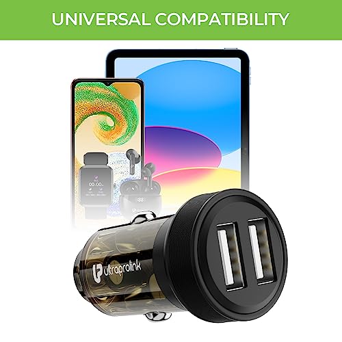 Image of ULTRAPROLINK 15W Fast Car Charger With 3 In 1 Cellularphone Charging Cable|Zip Kit| Rapid Car Charger With Dual Usb Ports & Transparent Body|Multi Charger|18W Nylon Braided Cable|Um1109