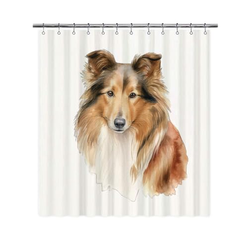 Ganshan Bi Funny Shetland Sheepdog Dog Portrait Shower Curtain Watercolor Animal Pet Puppy Print Bath Curtains for Bathroom Home Decoration with 12 Hooks 66x72 Inch