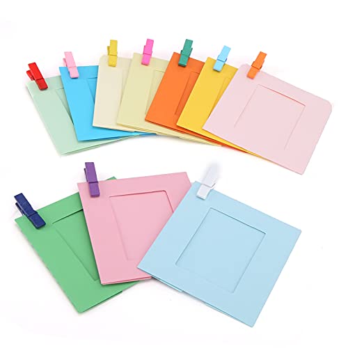 RASTKY Cornici per Foto in Carta da Parete da 3 con Clamp/Holder in Legno e Corda per Foto con Mini Fotocamera, Materiale Non Tossico Riutilizzabile, 10 Cornici, 10 Clamp/Holder, 1 Corda, Registra