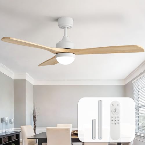 Sofucor 132cm Ventilateur Plafond avec Lumiere, Bois Massif Ventilateur de Plafond avec Télécommande, DC, 3 Températures de Couleur, Minuterie, 6 Vitesses, Mode été Hiver pour Chambre à Coucher Salon
