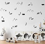 Wilderness Wall Decals Mountains Vinyl Wall Stickers Boys Room Forest Animals Decor Nursery Forest Compilation Tree and Animals Decals Y44 (Black)