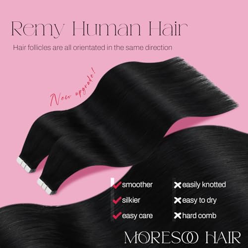 Image of Moresoo Black Hair Extensions Tape in Real Human Hair 22 Inch 20Pcs 50g | Tape in hair extensions real human hair, flat adhesive tabs, long straight length for braids, weddings and formal events