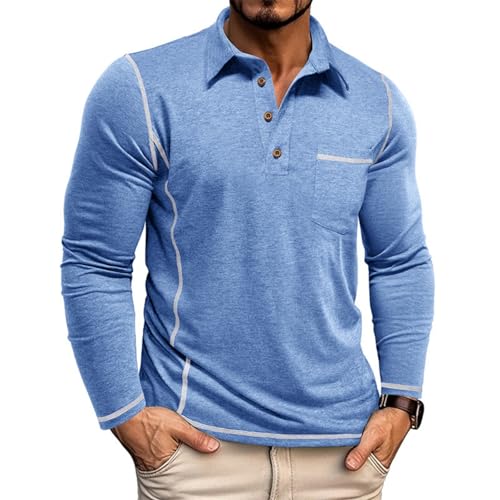 Men's Casual Long Sleeve Polo Shirts Collared Button Cotton T-Shirt Classic Stylish Golf Shirt with Pocket