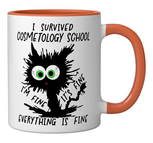 I Survived Cosmetology School Graduation 2025 Ceramic Mug, Orange/White