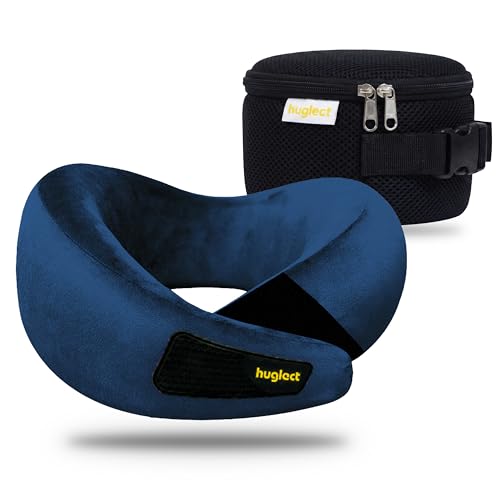 huglect Travel Neck Pillow, Ergonomic Memory Foam Travel Pillow for Flights, Train & Car with Washable Velvet Cover, Travel Pouch Included - 360° Neck Support, Ideal for Men & Women (Midnight Blue)