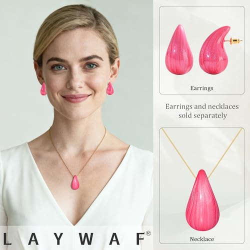 LAYWAF Hot Pink Pendant Necklace for Women Trendy, Chunky Gold Drop Teardrop Necklace, Statement Dainty Everyday Necklaces by LAYWAF - Used condition - Image 2