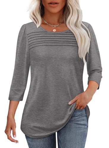 Womens Blouses 3-4 Sleeve Tops Dressy Casual Trendy Work Shirts Pleating Spring Summer Clothes Flattering Fit Light Grey L