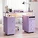 Nail Desk for Nail Tech w/Electric Dust Collector, Rolling Manicure Table w/ Lockable Wheels, Storage Drawers, Wrist Cushion, Acetone Resistant, for Beauty Salon Workstation (Purple+Gold Handle)