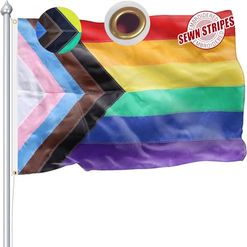 Progress Pride Rainbow Flag 3x5 FT for Outside Heavy Duty 210D Nylon LGBTQ Gay Lesbian Bisexual Transgender Rainbow Flags Outdoor Sewn Stripes All Inlcusive Progressive Pride Flag Brass Grommets