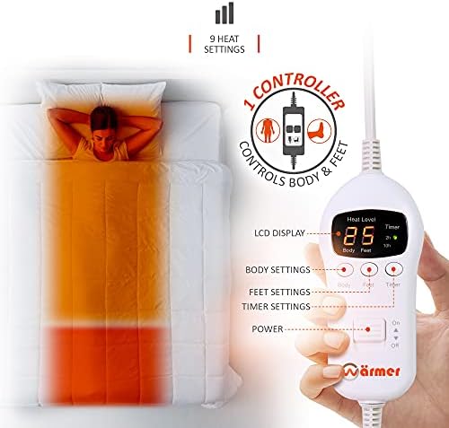 WARMER Electric Blanket - Body & Feet Dual Heating Zones, 9 Heat Settings, 2 and 10 Hour Timer, Overheating Protection, Polyester - Single Size (160cm x 91cm)