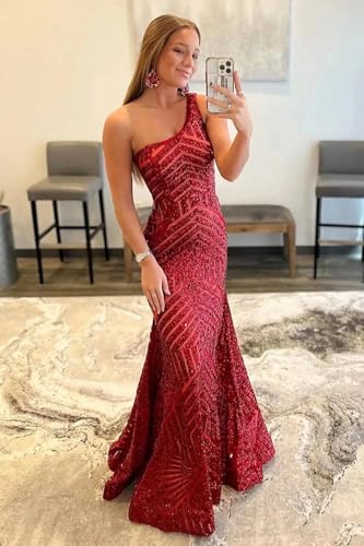 Sparkly Sequin Prom Dresses for Women One Shoulder Long Mermaid Tight Formal Evening Party Gowns4