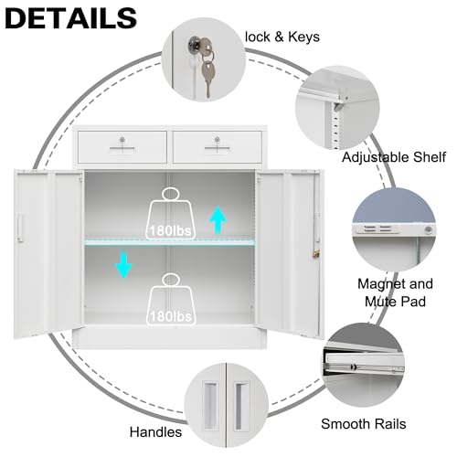 Wanfu Metal Storage Cabinet, Locking Storage Cabinet with Adjustable Shelf, 36\" H Metal Cabinets with 2 Drawers for Office, Garage, Home-White - Thumbnail 6