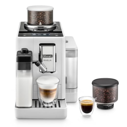 De'Longhi Rivelia EXAM440.55.W, Helautomatisk Kaffebryggare med LatteCrema, Automatisk Mjölkskummare, Kompakt Storlek, Böna-till-Kopp Kaffebryggare, 16 Recept, Färgad Touch Display, Arktisk Vit