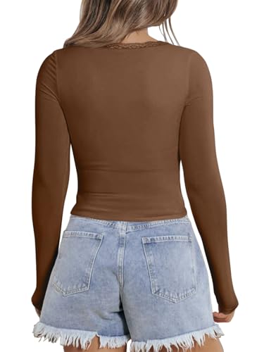 PINKMSTYLE Sexy Lace Tops for Women Going Out V Neck Double Layer Long Sleeve Tops Chocolate Brown Fall Clothes Chocolate Brown Small — view 5