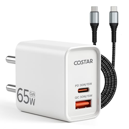 Image of COSTAR 65W GaN Fast Charger Type C with 1.2m 3A Fast Charging Type C Cable, QC /PD Dual Port USB A + Type C, Power Adapter Plug Wall Charger for Laptop, iPhone, Samsung, Realme, Xiaomi and Vivio Oppo