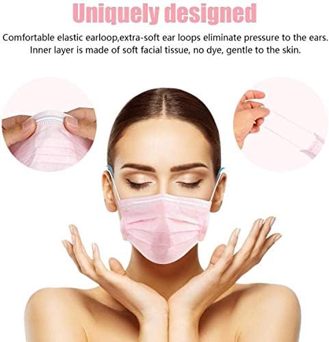 Accurate Pink Disposable Face Masks | 3 Ply Earloop Face Covering with Nose Clip | Sutaible for Sensitive Skin