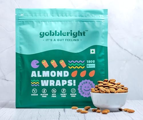 GOBBLERIGHT Gluten Free Tortilla Almond Wraps – Pack of 4 (24 Wraps) | Vegan, Dairy-Free, Soya-Free | Perfect for Burritos, Wraps, Tacos, Shawarmas | Healthy Keto Snacks | Low Calorie, Gluten Free Products
