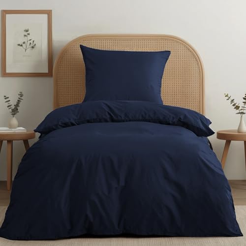 Dreamzie Bettwäsche-Set 135x200 aus Baumwoll-Perkal – Dunkelblau – Bettbezug 135x200 und 2X Kissenbezug 80x80 cm – Oeko-Tex Zertifiziert