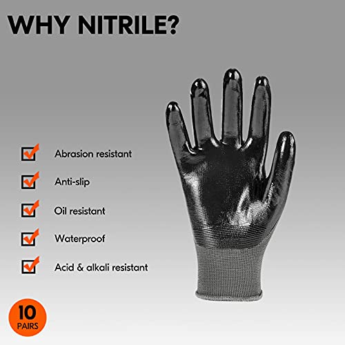 Vgo... 10-Pairs Safety Work Gloves, Gardening Gloves, Non-slip Nitrile coating, Dipping Gloves (Size XL, Gray, NT2110) - Thumbnail 2