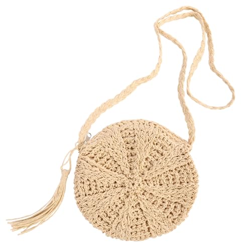 Image of Women's Straw Crossbody Bag - Handmade Round Woven Shoulder Bag with Zipper & Tassel, Boho Summer Beach Tote for Holiday Travel (Beige)