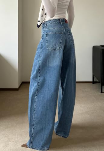 Image of Women's Straight Leg Jeans High Waisted Wide Leg Stretchy Baggy Denim Pants