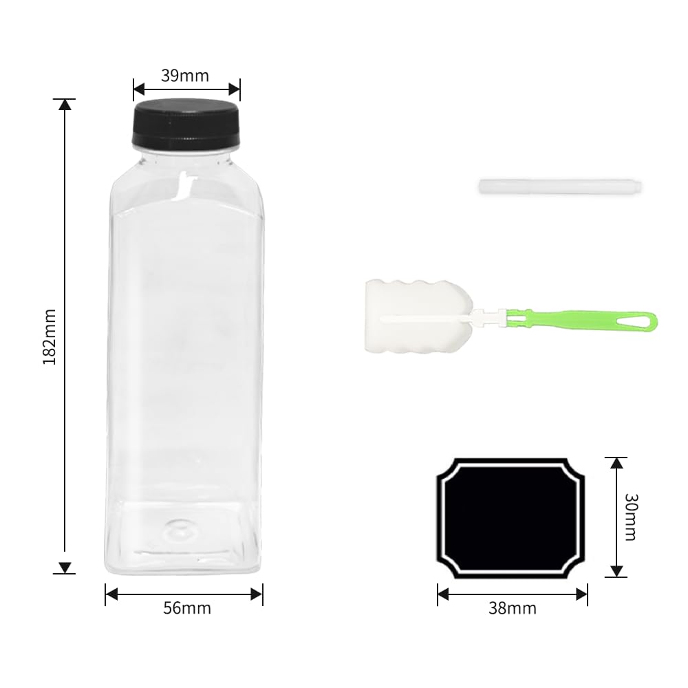 Lot de 12 bouteilles de jus en plastique avec couvercles noirs, réutilisables pour stocker jus, lait, smoothie et autres boissons faites maison 500 ml