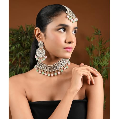 Image of I Jewels Gold Plated Traditional Kundan Pearl Drop Choker Necklace Jewellery With Earrings & Maang Tikka Set For Women /Girls