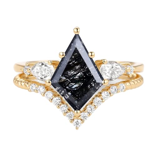 1.5ct/2ct Black Rutilated Quartz Wedding Ring Set - Kite Cut Black Rutilated Quartz Bridal Sets Wedding Rings White Yellow Rose 10K 14K 18K Gold Sterling Silver Gem Engagement Anniversary Promise Ring Set for Her3