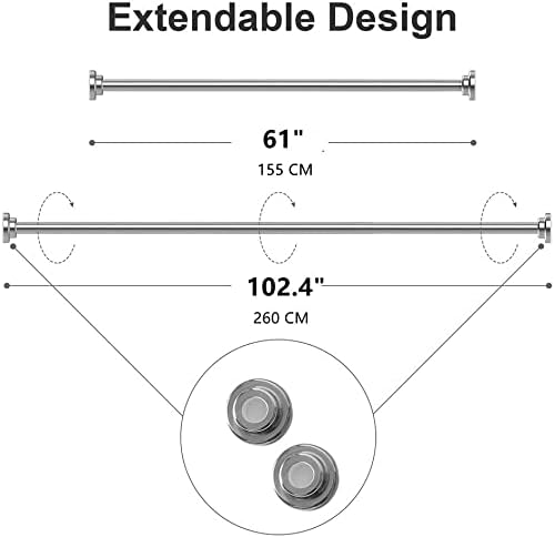 Kongming Telescopic Rod Siler 150cm-250cm (59-98 inches) Shower Curtain Rod Without Drilling Made of Stainless Steel extendable Clothes Rod Adjustable by Turning, Secure Hold for Shower and Bathtub