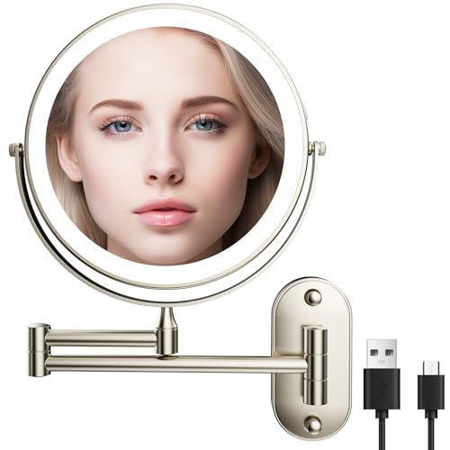 specchio trucco con luci da parete specchio ingranditore da parete specchio trucco da parete Ingrandimento 1X/10X, 3 Colori di Luce Dimmerabile ,Rotazione a 360 Specchio Estensibile per Bagno, Hotel