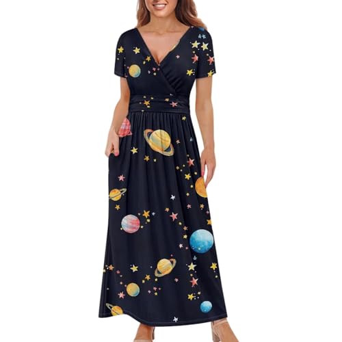 Image of Women's Fall Summer Short Sleeve Ankle Length V-Neck Party Dress with Pockets Size S-3XL