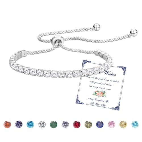 Esmoly Armband Damen Silber Tennis Armband mit Geburtsstein in 12 Farben,Verstellbares Glitzer Armband Damen,Geschenke für Frauen Freundin Ehefrau Mutter Schwester (04-April)