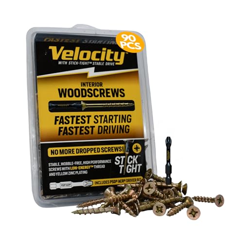 Image of Velocity Interior 1 1 /2 Inch Wood Screws DIY Pack (Size #10, 90 Pcs) - Zinc and Yellow Coating, Stick-Tight Technology, Screw for Wood Working with PSD ACR Driver Bit
