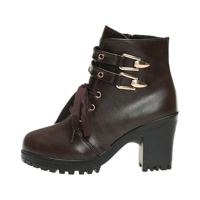Womens Chunky Platform Ankle Boots High Heel Lace Up Boots Elegant Lace Side Zipper Shoes
