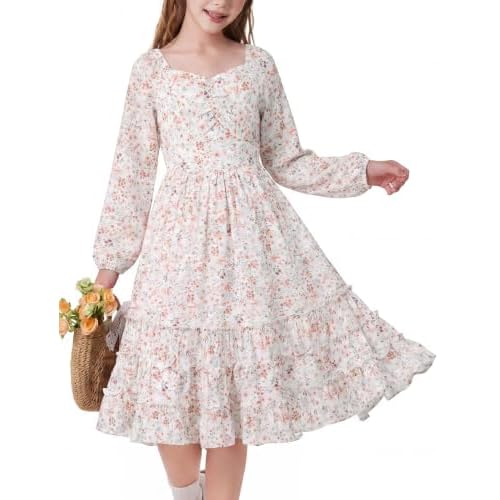 Girls Fall Long Sleeve Floral Dress Casual Ruffle Smocked Dresses Size 7-14