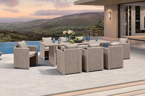 PURPLE LEAF 9 Pieces Outdoor Patio Dining Set Modern Large Weather-Resistant Table and Aluminum Chairs with Olefin Fabric Cushions for Family Dinners Indoor Decor Kitchen Beige
