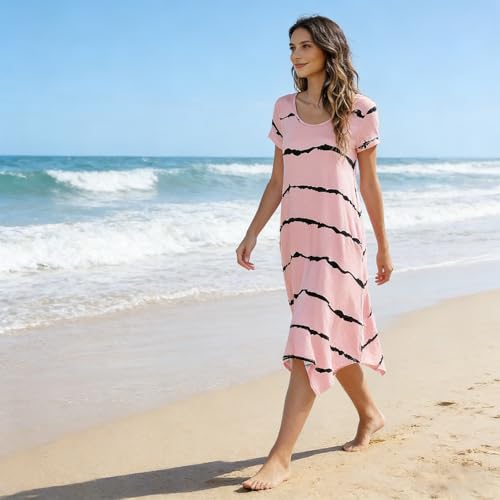 Image of Women Casual Loose Soft Crewneck Short Sleeve Pockets Swing T-Shirt Dress