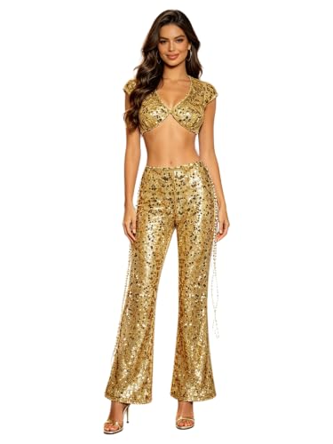 Conjunto de fiesta con lentejuelas diseño exclusivo color oro para mujer talla M