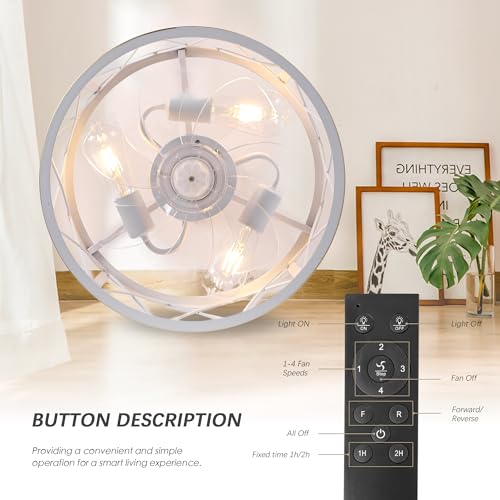 REDSTAR 15" Caged Ceiling Fans with Lights and Remote Flush Mount, White Round Industrial Ceiling Fan Light Fixture, Small Bladeless Ceiling Fan for Bedroom, Kitchen, Indoor by REDSTAR - Used condition - Image 4