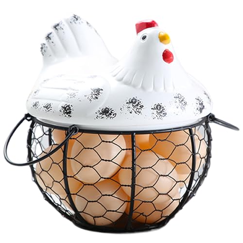 Canasta de huevo para recolectar huevos frescos contiene 15 huevos, linda cesta de huevo de gallina con tapa y manejar la canasta de huevo multipropósito decorativo de hierro, cesta de huevo blanco,