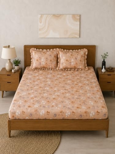 Image of 380 TC Premium Glace Cotton Elastic Fitted Bedsheet King Size with 2 Pillow Covers King Size | Double Bed with All Around Elastic (Honey Blossom, Fitted - Double72x72)