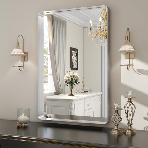 Easly Silver Bathroom Mirror for Wall, 30x22 Inch Rectangular Aluminum Alloy Framed Mirror, Modern Wall Mounted Vanity Mirror for Bathroom, Vertical or Horizontal by Easly - Image 2